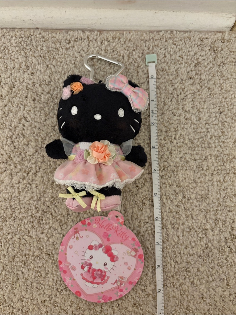 Sanrio Hello Kitty Black Plush Clip-On with Pink Floral Dress